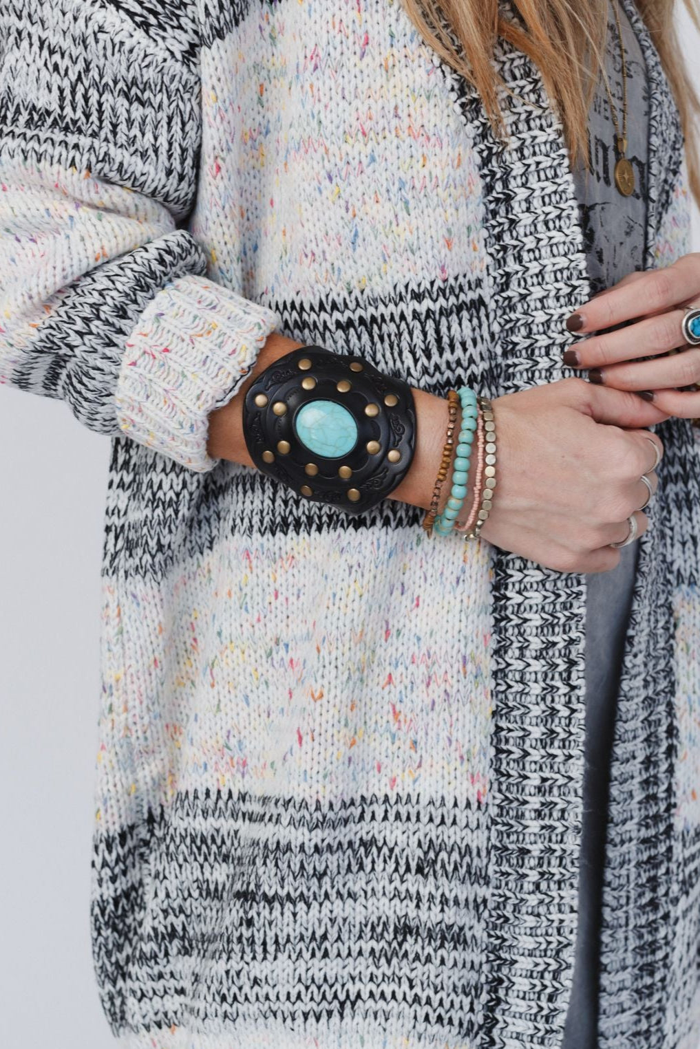Aegean Boho Leather Cuff Bracelet - Black