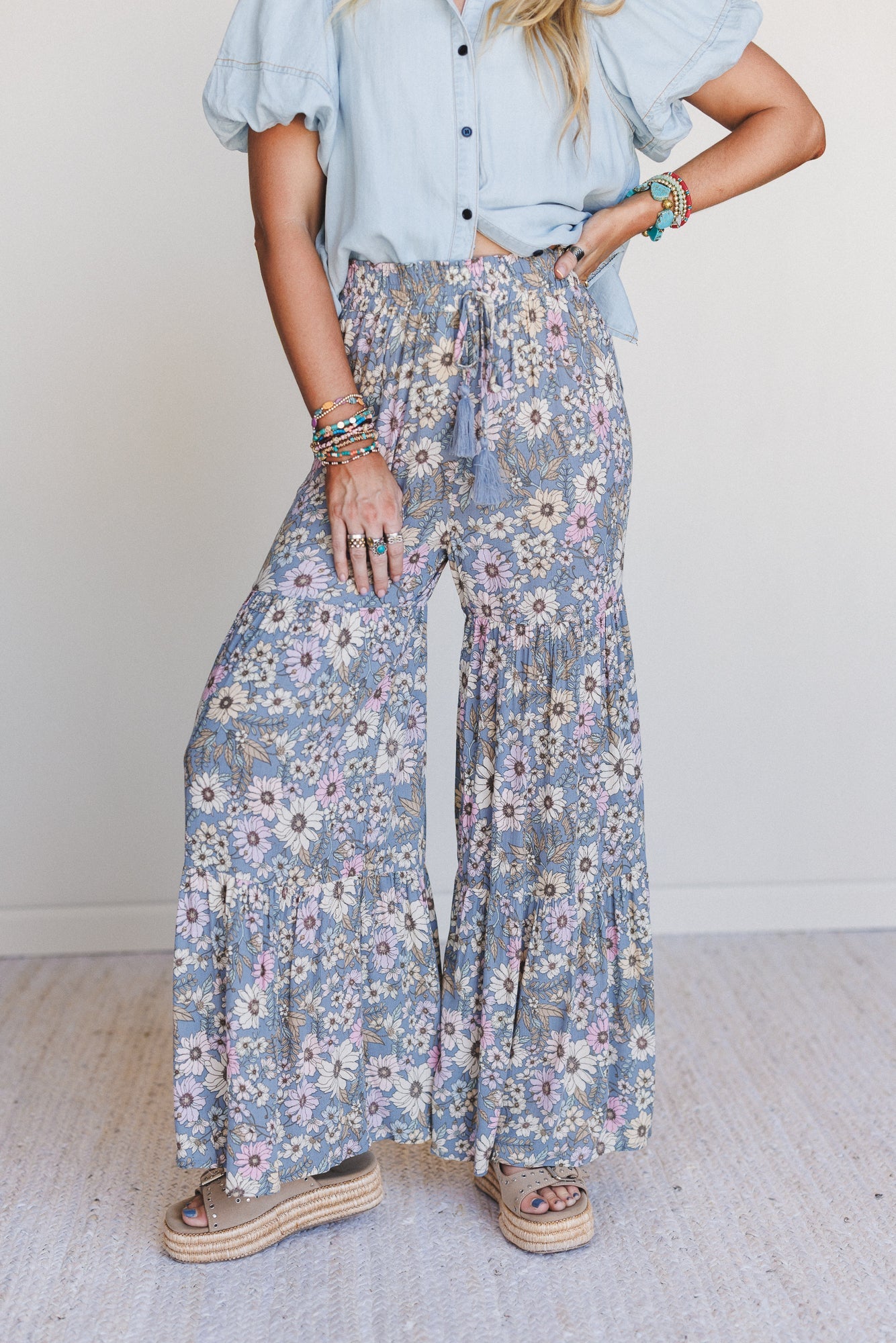 Botanic Drift Wide Leg Pants - Dusty Blue - Pre Order