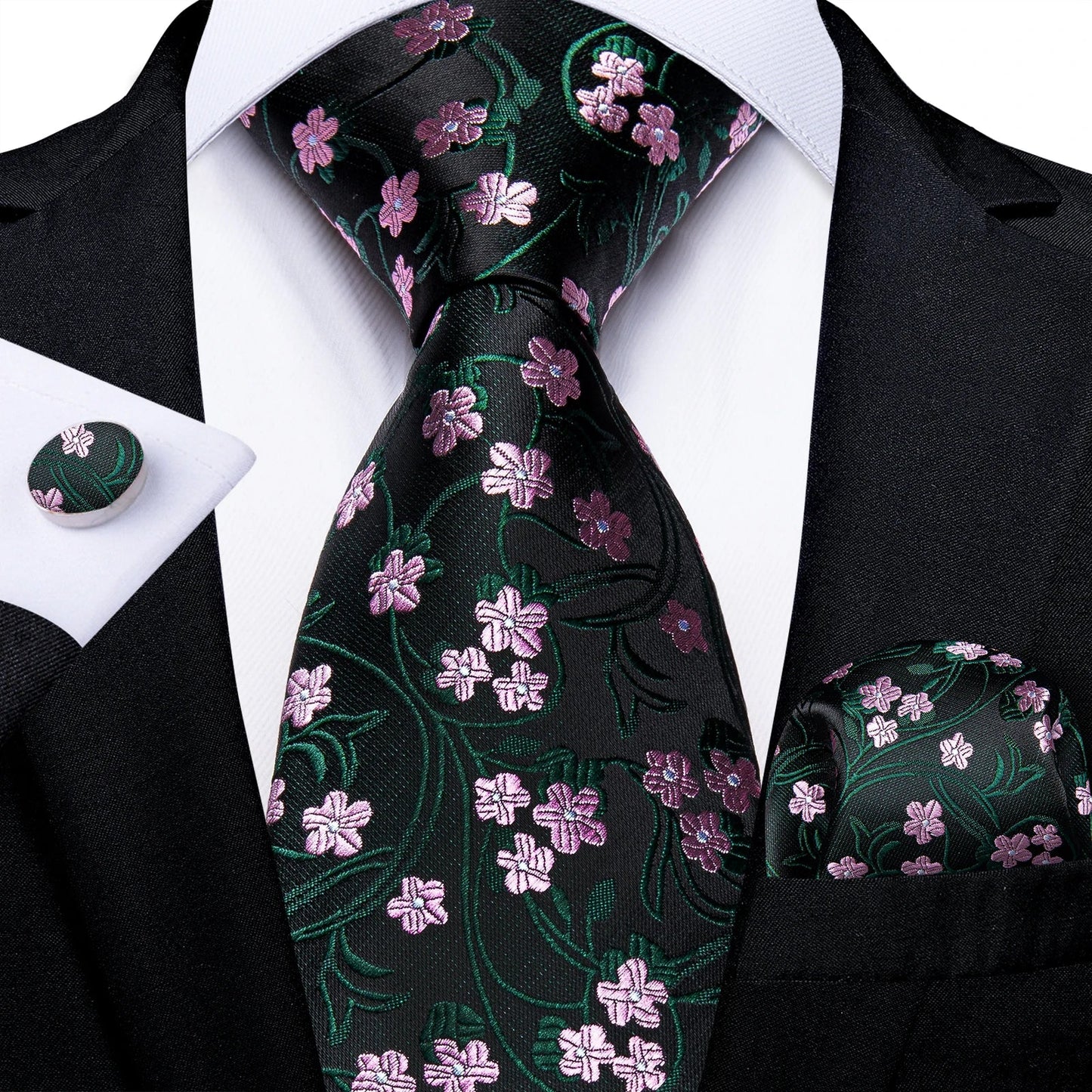 Men's Black Ties Handkerchief Cufflinks Business Formal Floral Striped Solid 8cm Necktie Gift for Husband Wedding Accessories