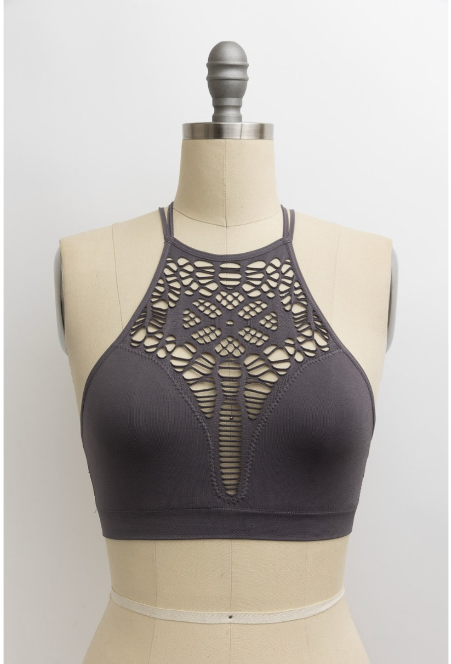 Floral Cut Out High Neck Bralette - Dark Gray