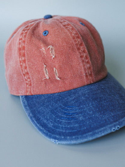 Distressed Baseball Cap Dad Hat
 - Two Tone Orange Blue