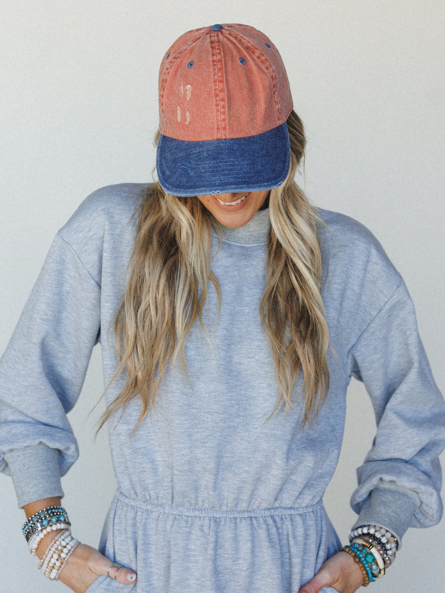 Distressed Baseball Cap Dad Hat
 - Two Tone Orange Blue