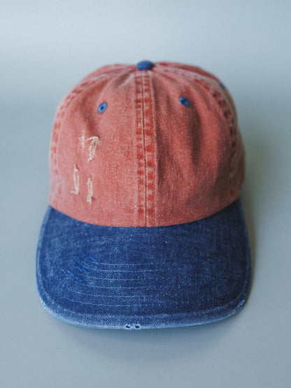 Distressed Baseball Cap Dad Hat
 - Two Tone Orange Blue