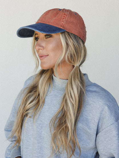Distressed Baseball Cap Dad Hat
 - Two Tone Orange Blue