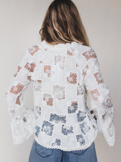 Eyelet Garden Bell Sleeve Blouse - Cream