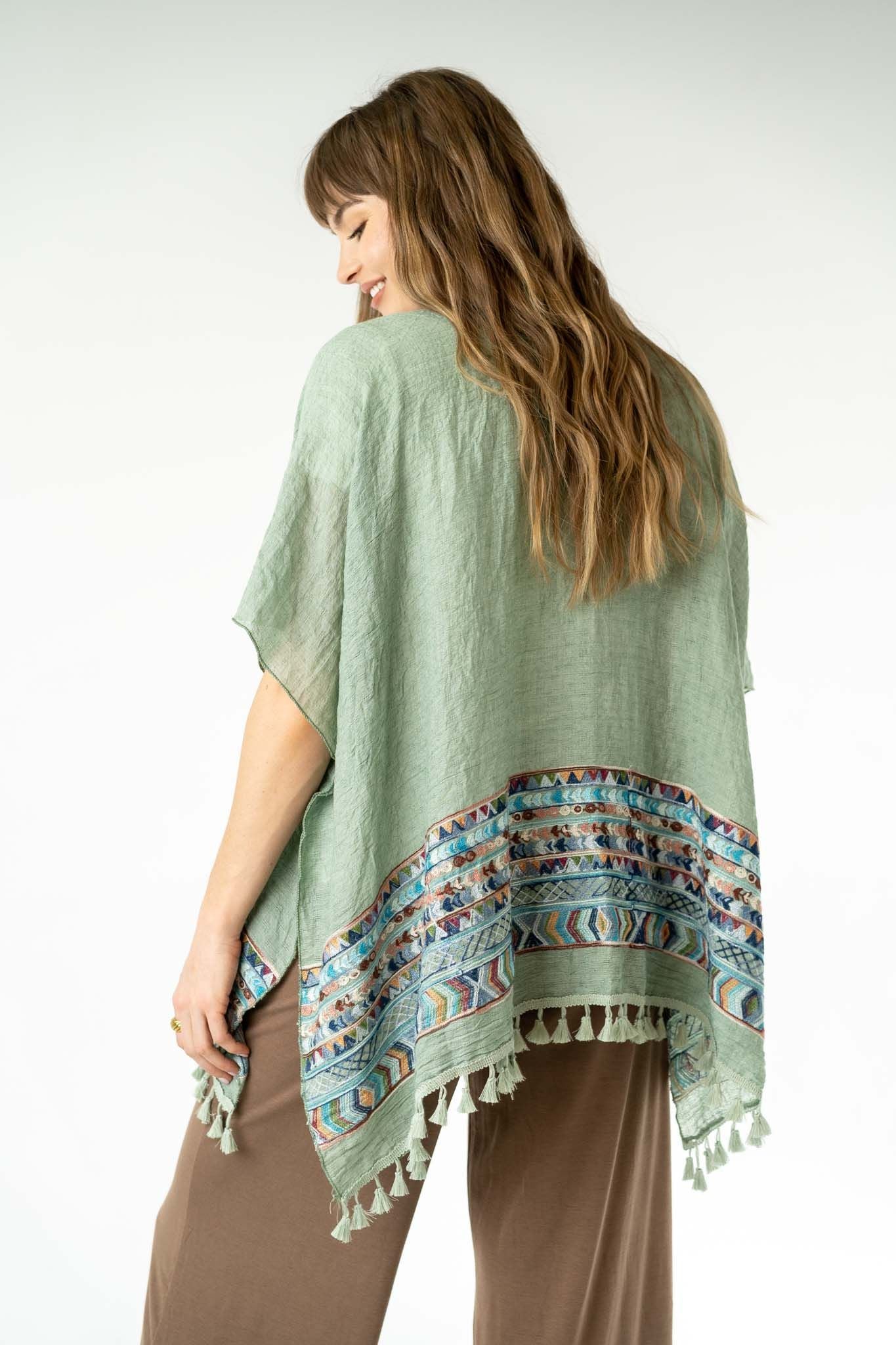 Fallon Embroidered Sleeve Kimono - Sage