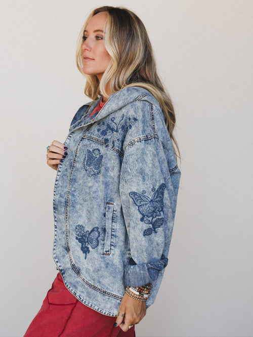 Butterfly Lady Embroidered Jacket - Denim - Pre Order