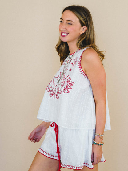 Dreaming of Islands Embroidered Top - Off White Red