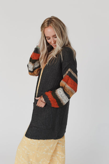 Danny Striped Sleeve Cardigan - Charcoal