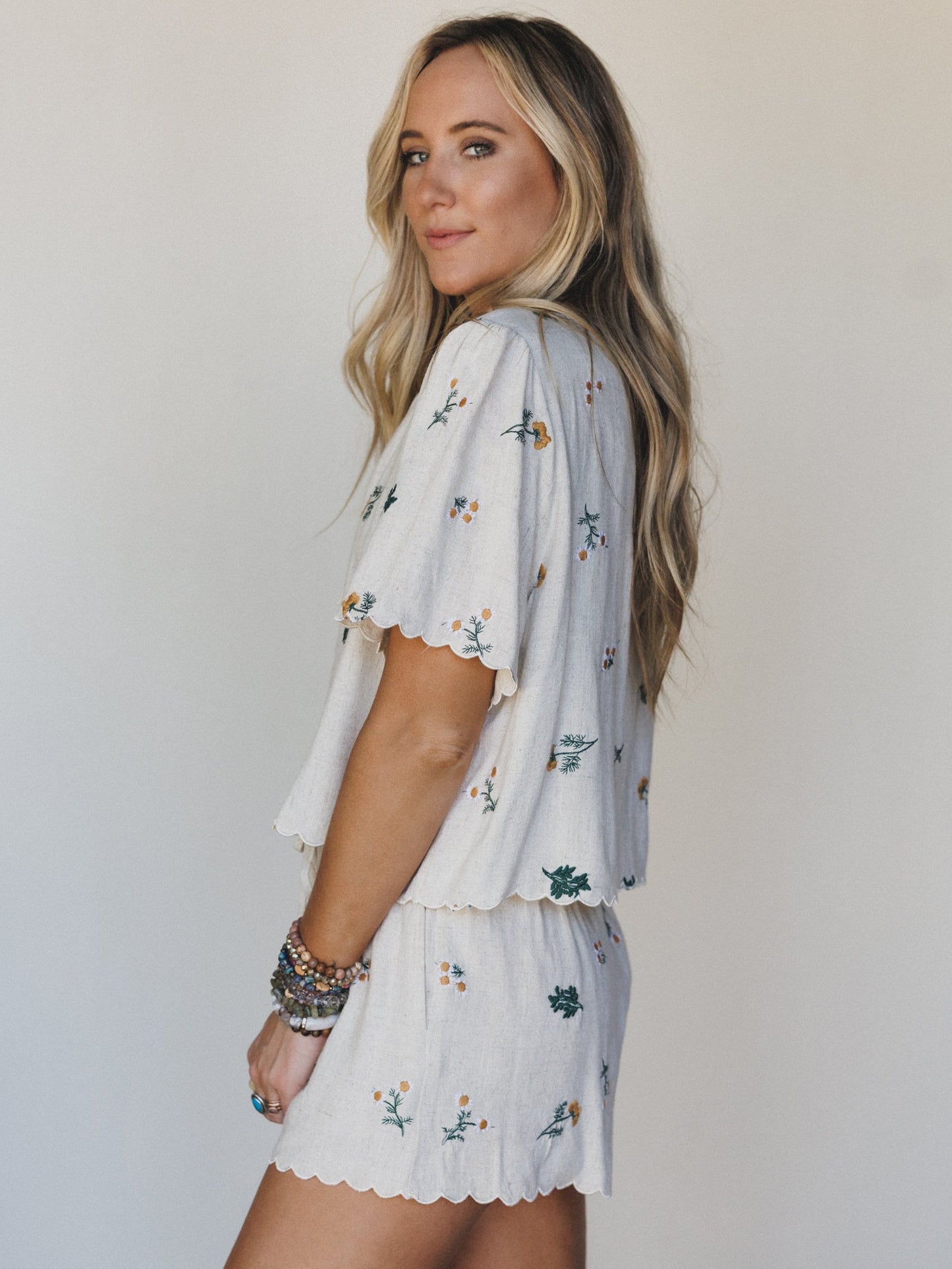 Fleur Amore Embroidered Tie Front Top - Oatmeal