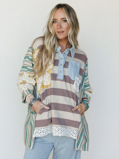 Daisy Darling Collared Top - Taupe Green