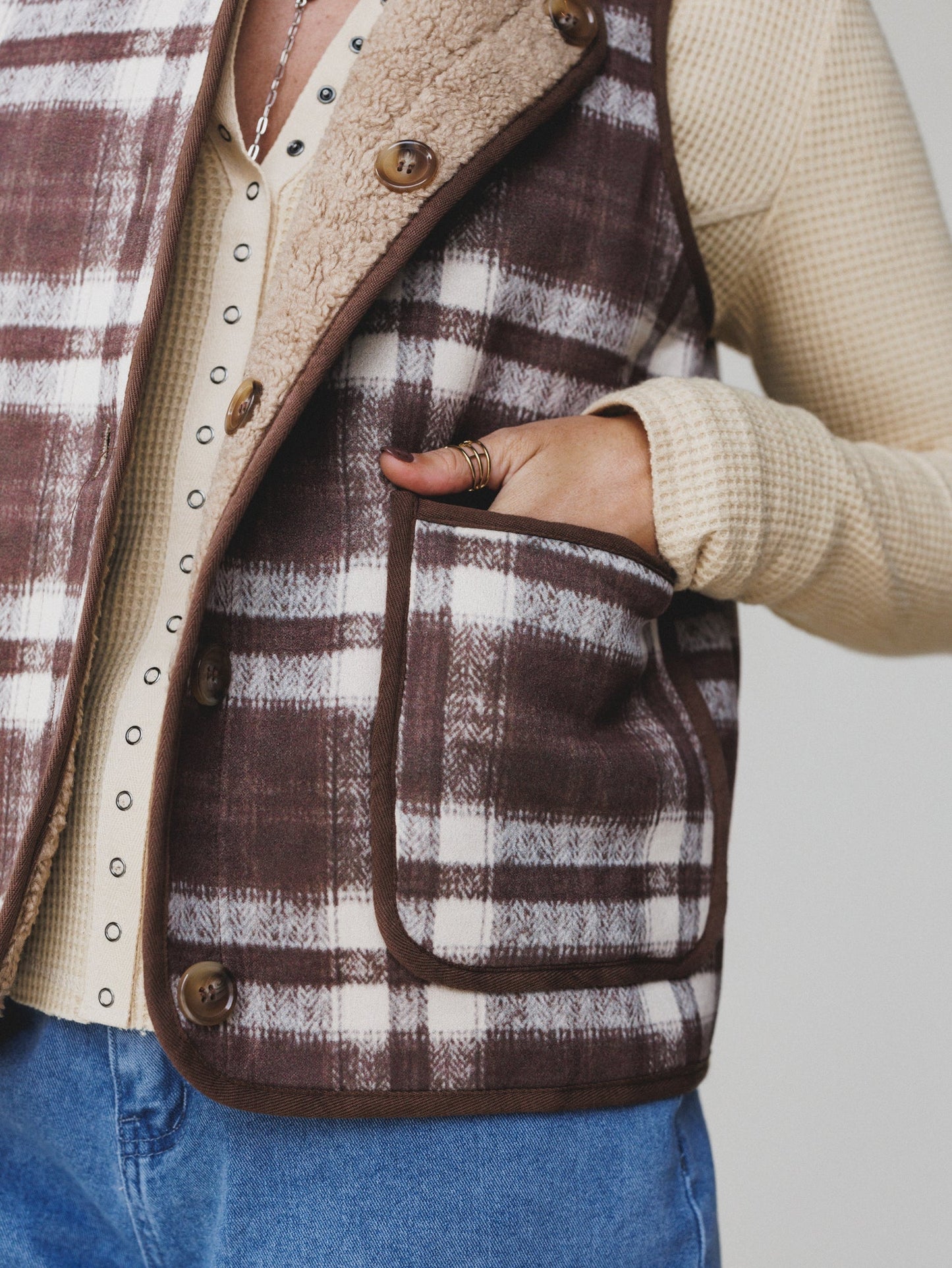 Driftwood Plaid Reversible Vest - Mocha