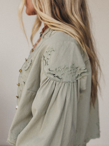Extra Touch Embroidered Denim Jacket - Olive