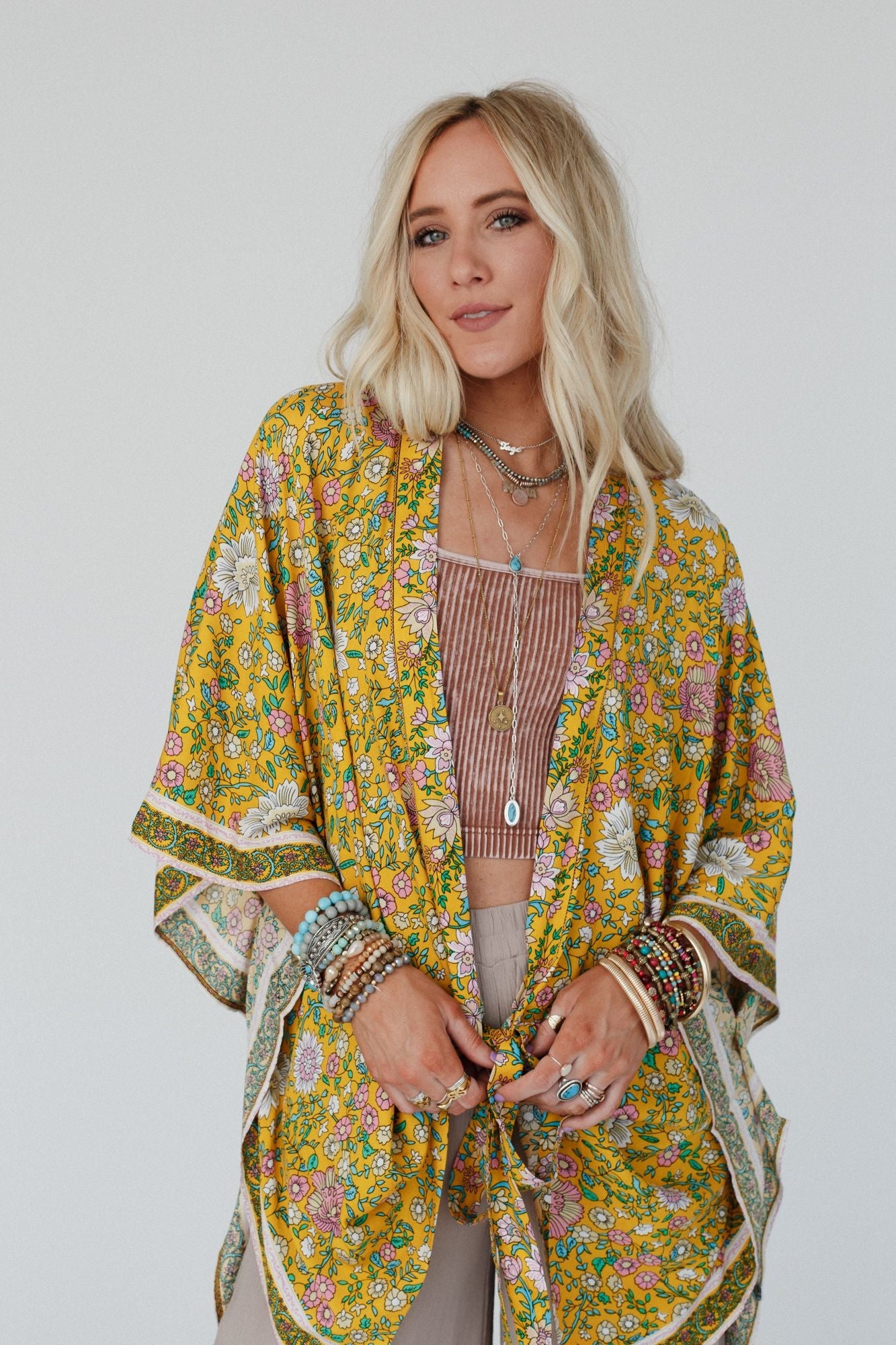 Flower Daze Front Tie Kimono - Mustard