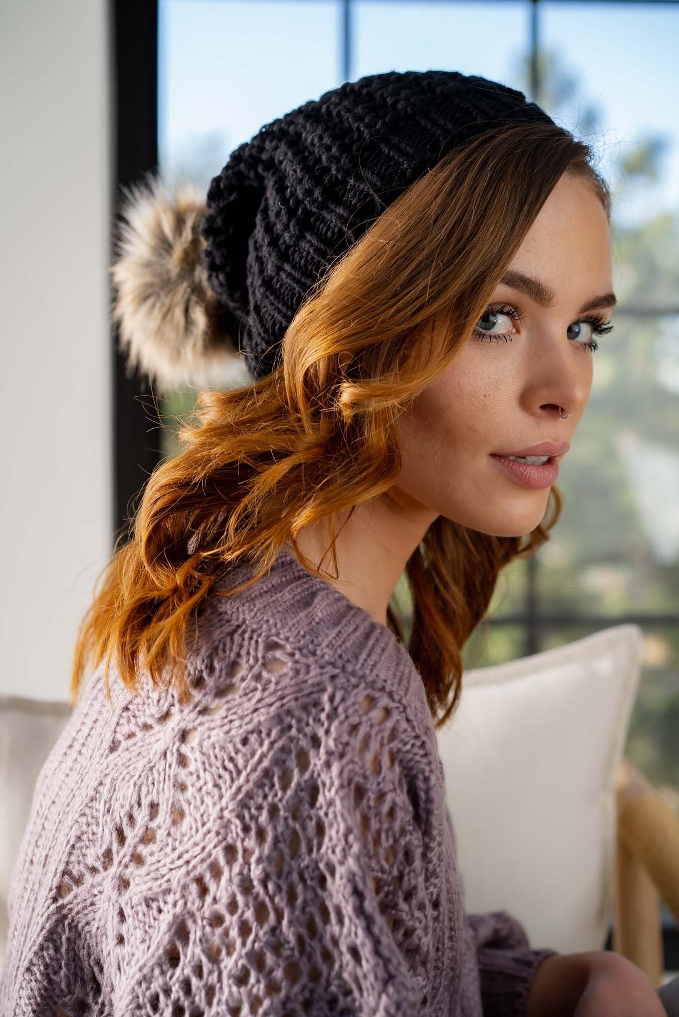 Aspen Waffle Knit Faux Fur Beanie - Black