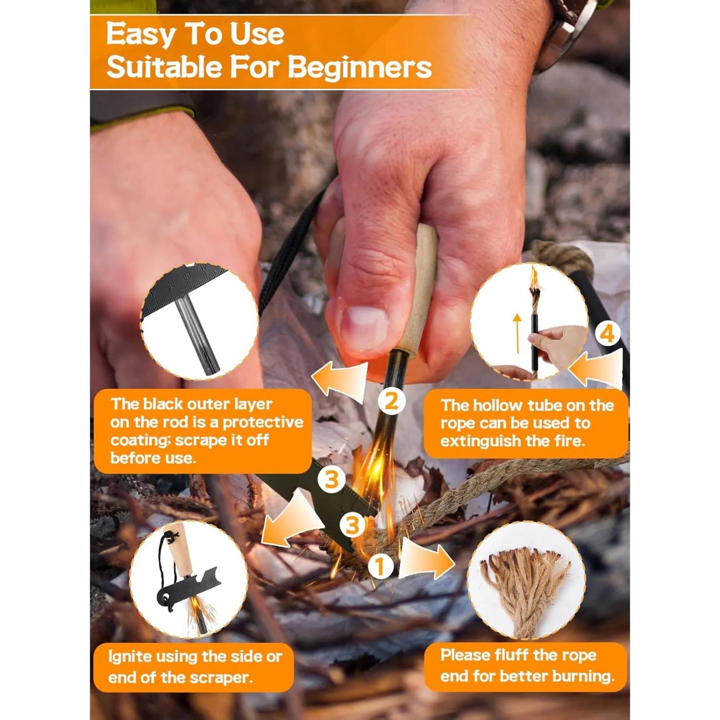 Fire Starter Survival Tool, Fire Starter Kit Includes Magnesium Rod, 2 Pcs Wick Hemp Rope and Multifunctional Outdoor Bag