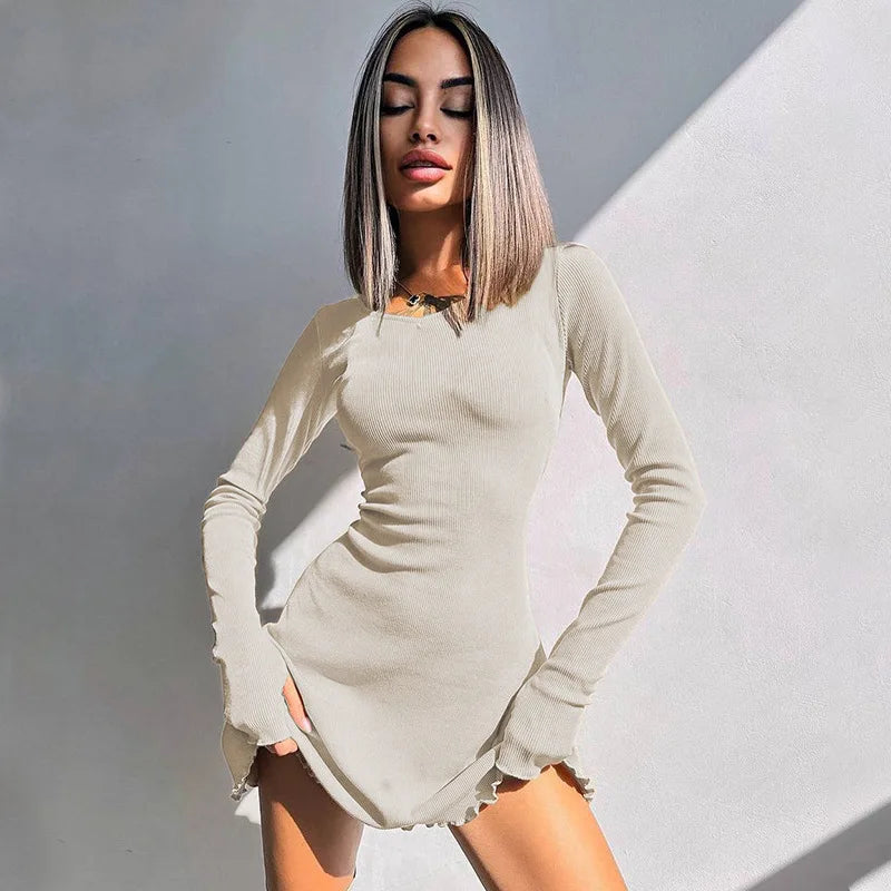 Spring Elegant Pretty Women Dresses New Black Sexy Short Dress Female V Neck Long Sleeve Slim Solid Color Mini Dress