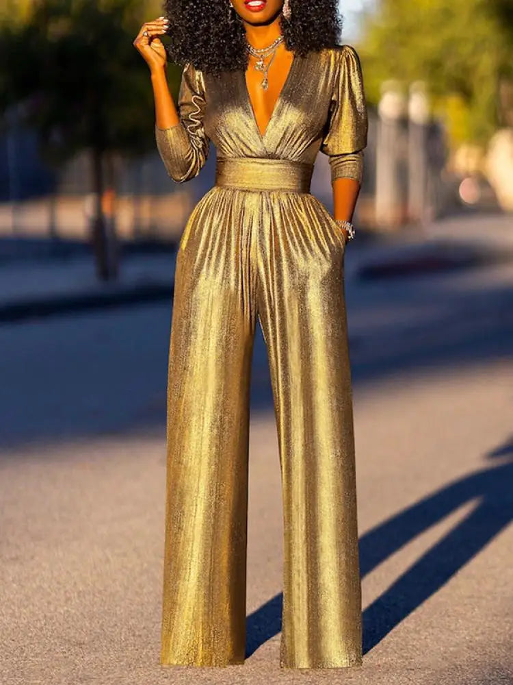 Bonboho Women's Solid Color Jumpsuit Deep V-neck Three-Quarter Sleeves High Waist Wide Leg Oe-piece Suit Summer Casual Jumpsuits