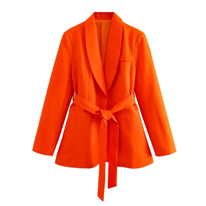 Spring and Autumn Women's Casual Blazer Chic Outerwear Slim Straight Pants Long Sleeve V-Neck Belted Office Commuter Suit Set