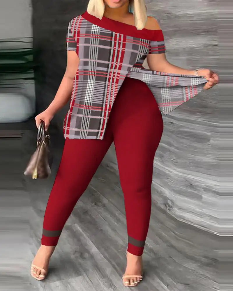 Elegant Women Two Piece Set Suits New Fashion Printed Ruffle Sleeve Top Solid Color Pants Set With Belt Blouses Female Clothing