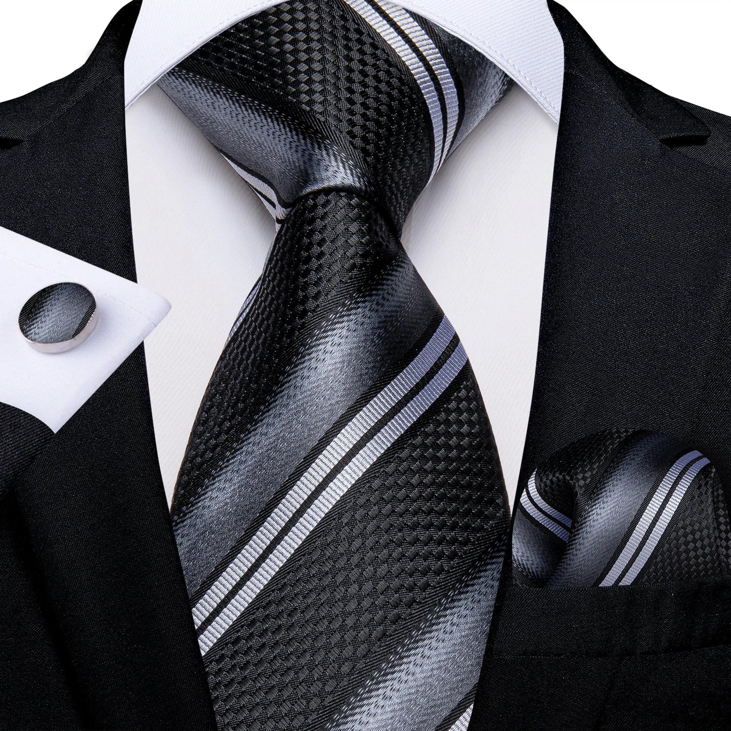 Men's Black Ties Handkerchief Cufflinks Business Formal Floral Striped Solid 8cm Necktie Gift for Husband Wedding Accessories
