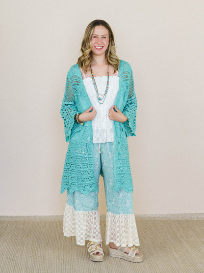 Crochet Duster Kimono - Aqua Teal