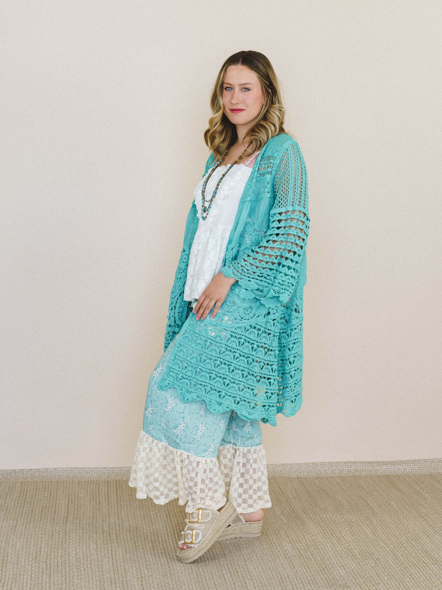 Crochet Duster Kimono - Aqua Teal