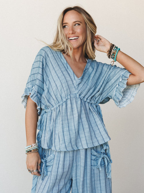 Beachy Breeze Striped Blouse  - Denim