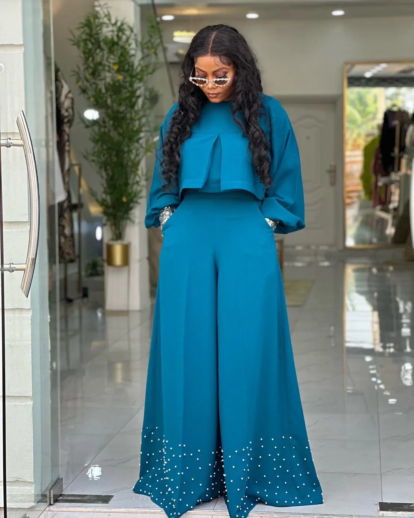 CM.YAYA Women's Set Long Sleeve High Low Maxi Blouse and Pearl Beading Wide Leg Pants 2025 Two 2 Piece Sets Outfits Tracksuit
