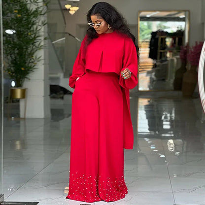 CM.YAYA Women's Set Long Sleeve High Low Maxi Blouse and Pearl Beading Wide Leg Pants 2025 Two 2 Piece Sets Outfits Tracksuit