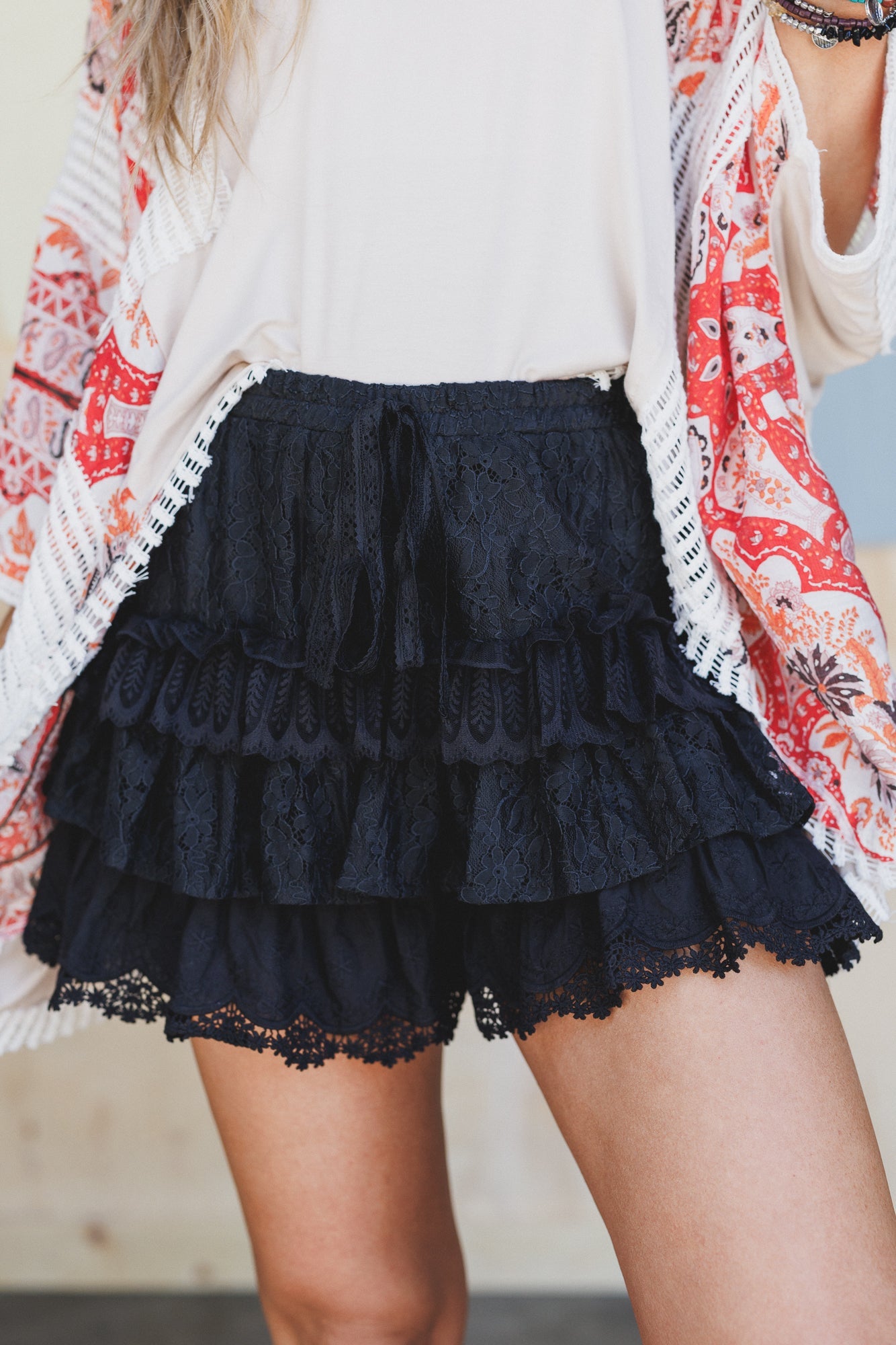 Antoinette Boho Ruffle Shorts - Black - Pre Order