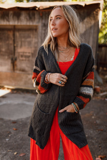 Danny Striped Sleeve Cardigan - Charcoal