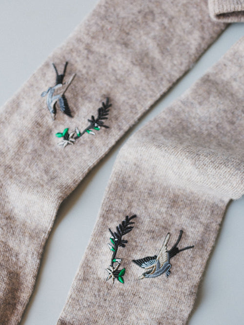 Birds Of A Feather Knee High Socks - Tan