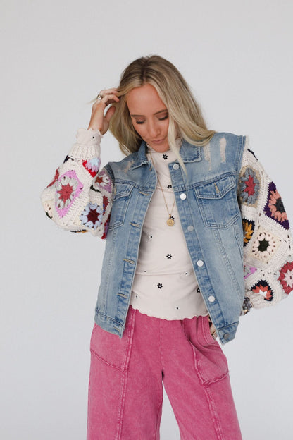 Diamond Blossom Denim Jacket - Beige