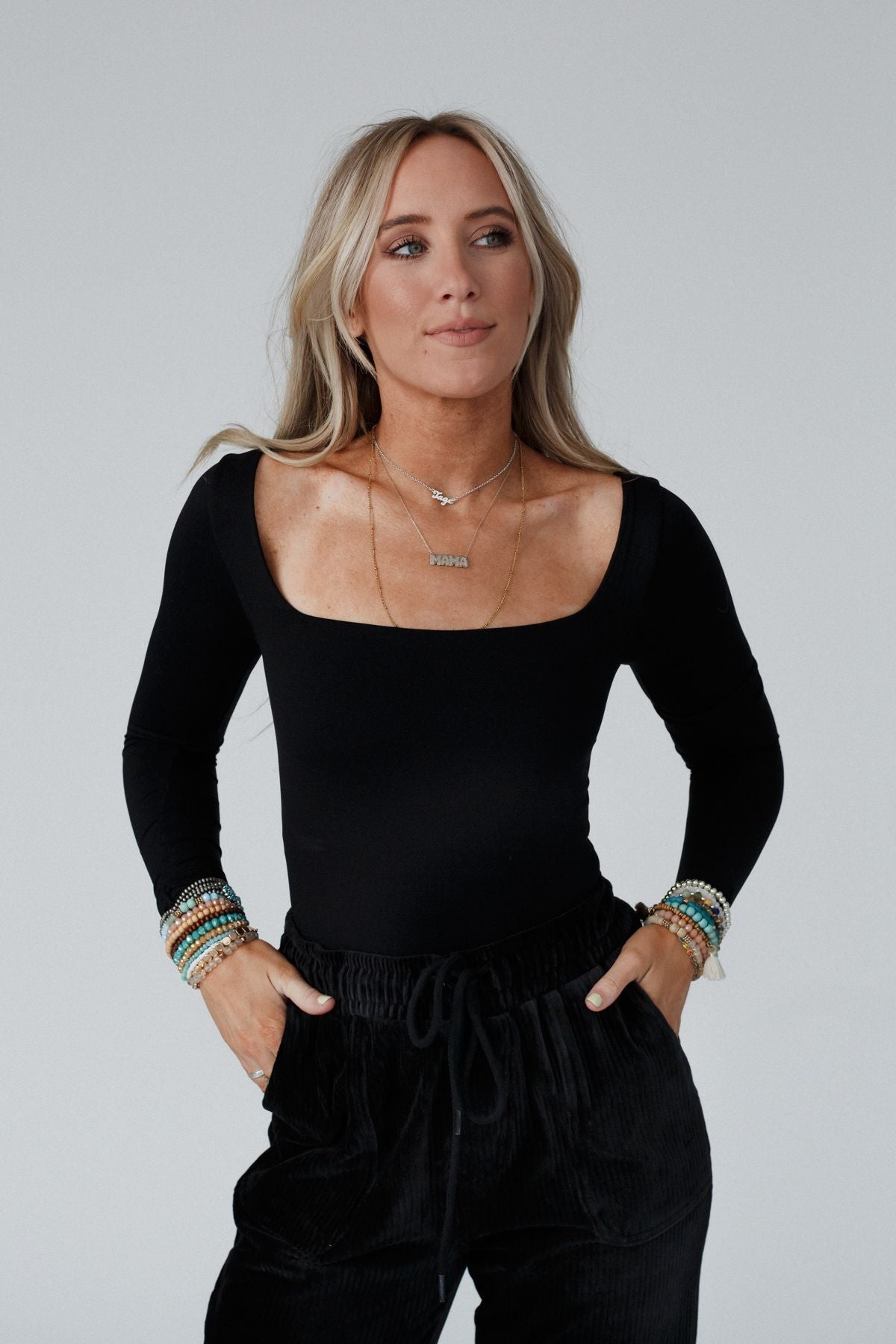 Emmi Square Neck Long Sleeve Top - Black