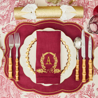 Burgundy Linen Placemats & Gold Bow Garland Napkins (Set of 4)
