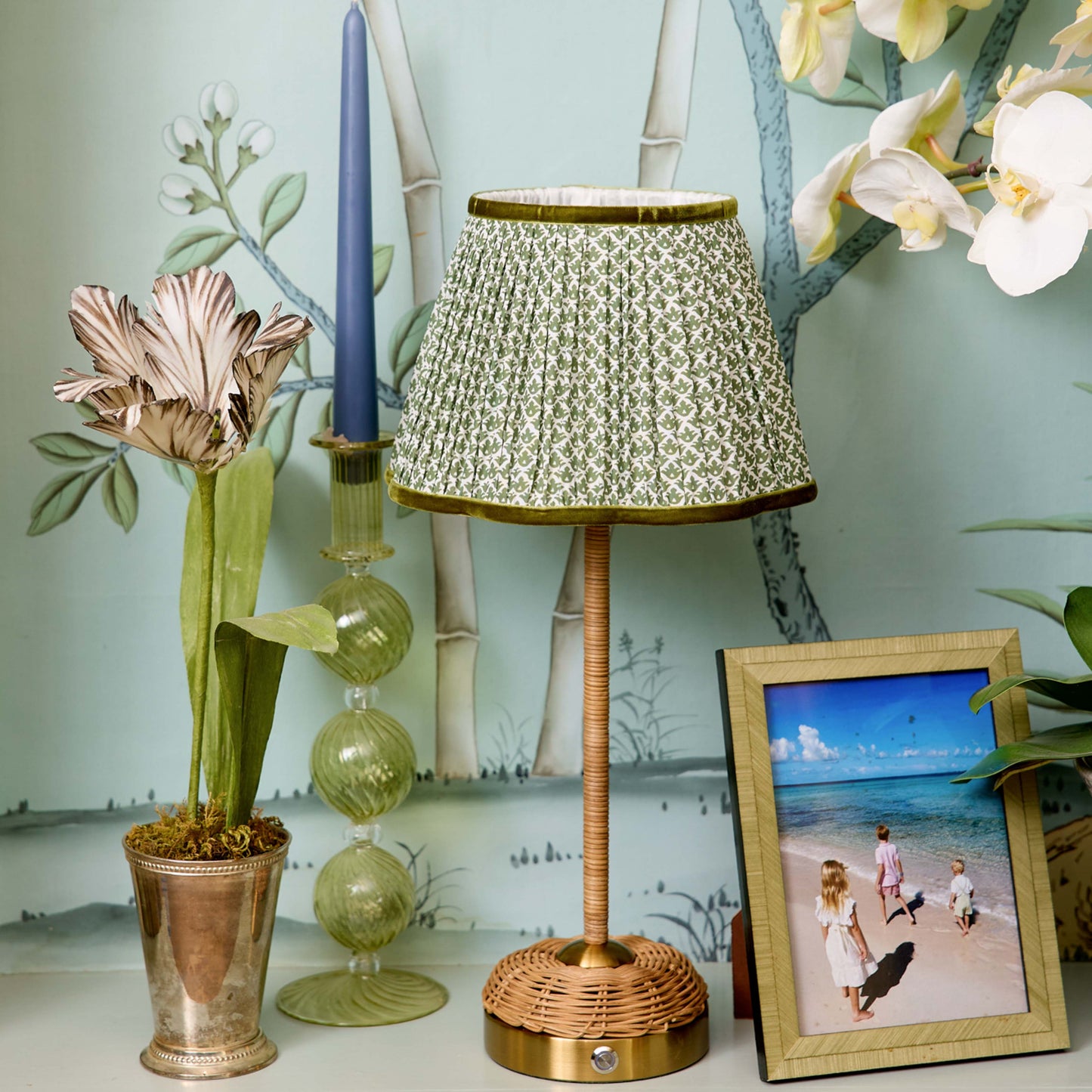 Rattan Ida Rechargeable Lamp with Olive Lotus Shade (22cm)