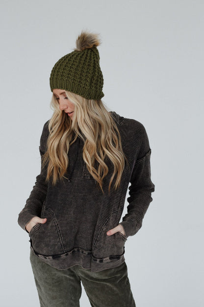 Aspen Waffle Knit Faux Fur Beanie - Olive