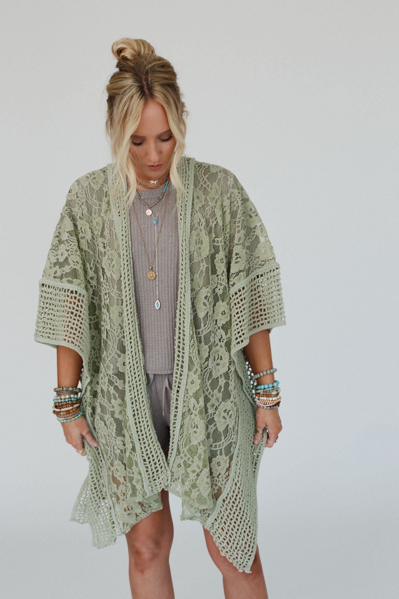 Breezy Floral Lace Kimono - Sage