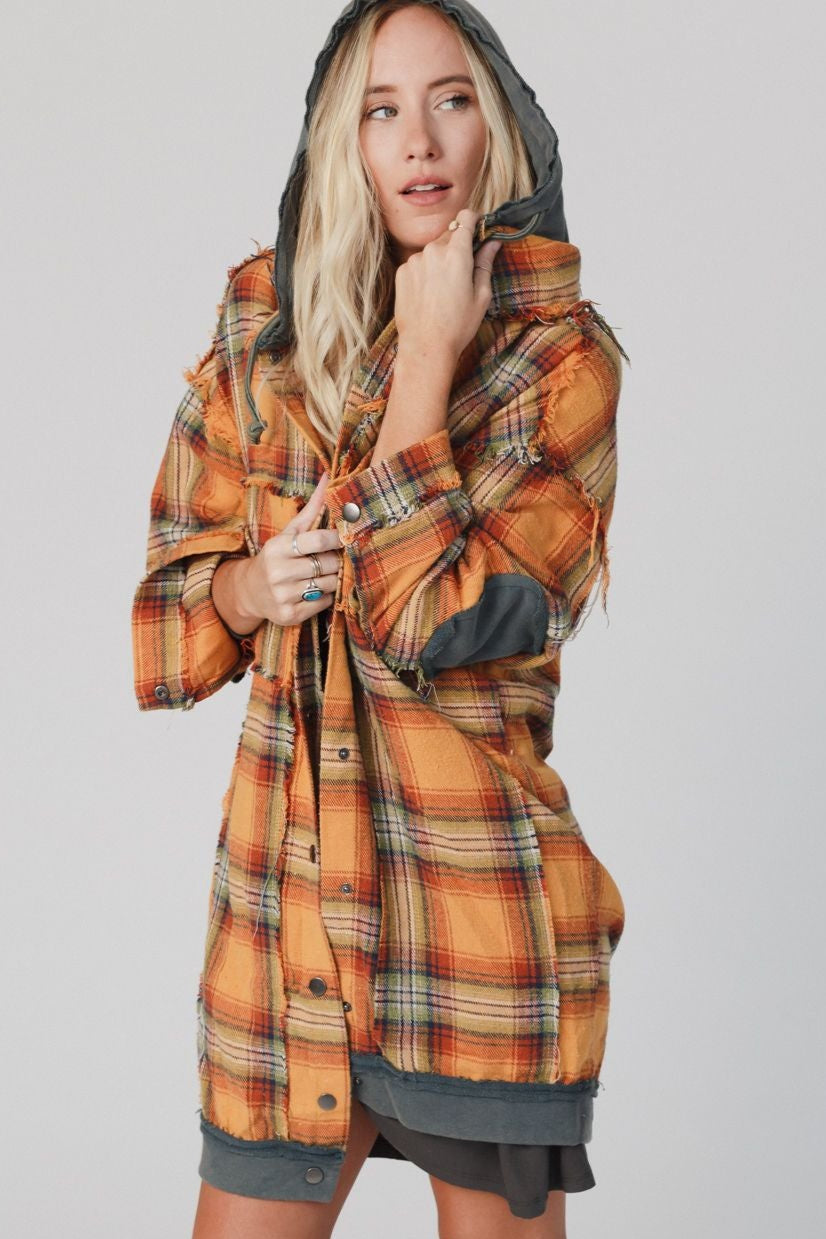 Flannel Layers Hooded Jacket - Orange Multi