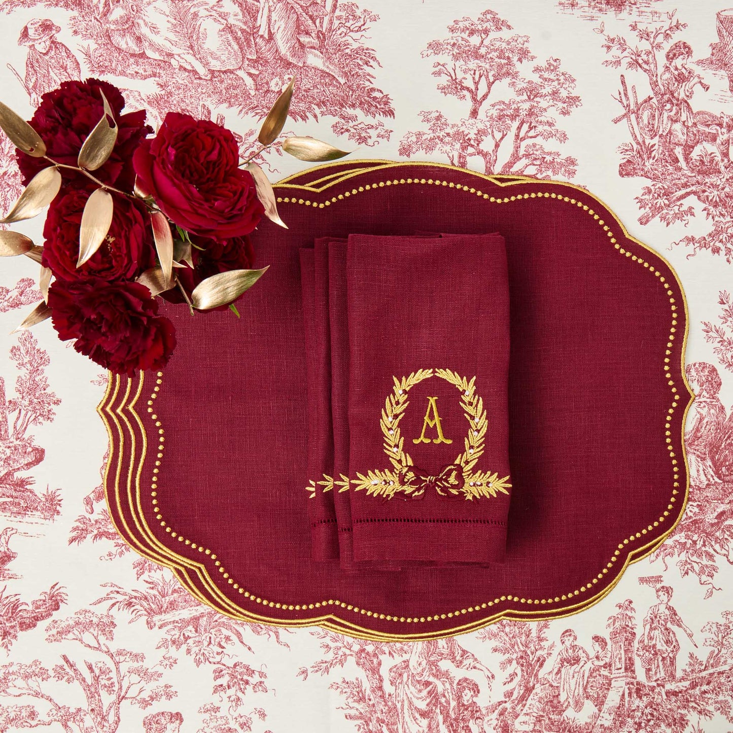 Burgundy & Gold Eloise Linen Placemats (Set of 4)