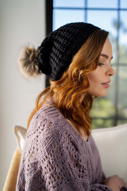 Aspen Waffle Knit Faux Fur Beanie - Black